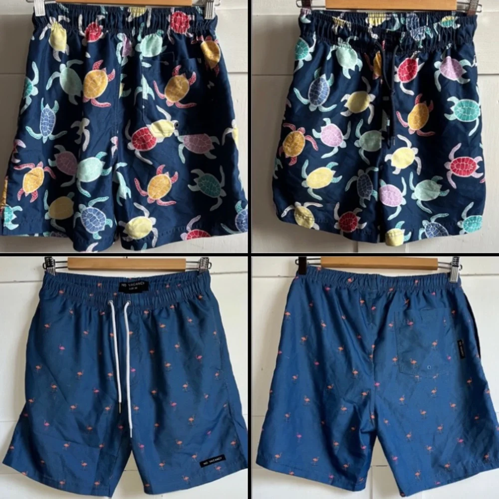 Tropical Sea Turtle Flamingo Print Swim Board Shorts Swimsuit Trunks Small S